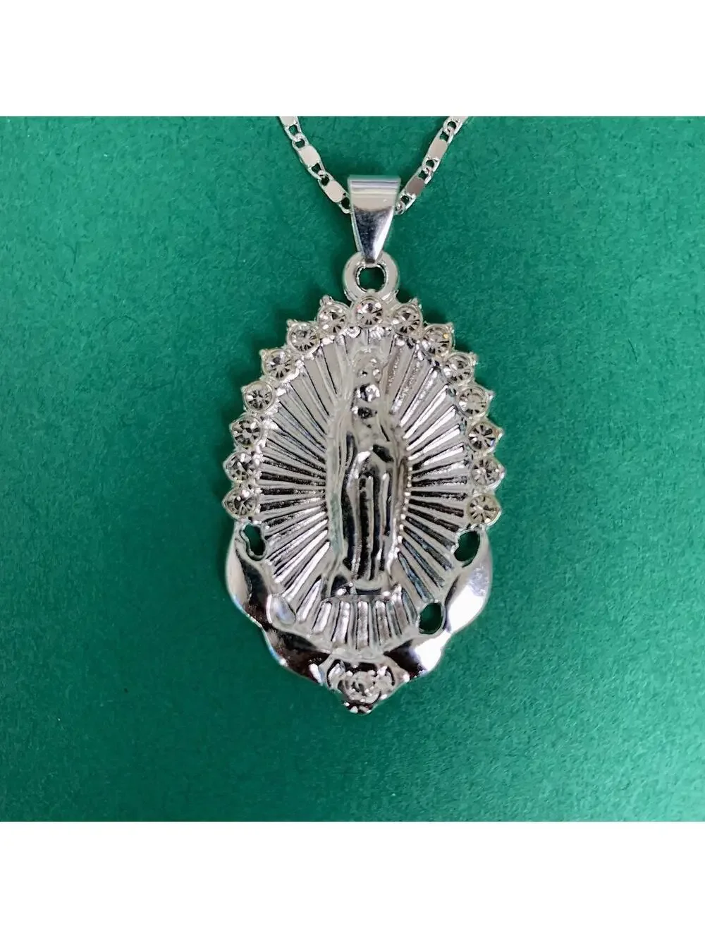 Silver Saint Marry rhinestone pendant y2k 90s style necklace chain. Grunge punk